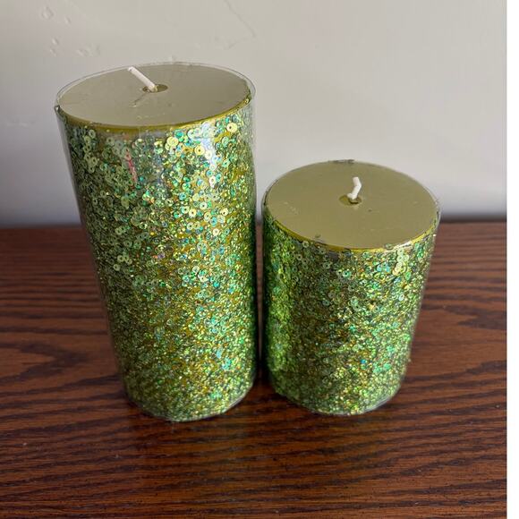 Celebrate It Other - Celebrate It Sequin Shiny Green Decorative Halloween Pillar Candles 2PK